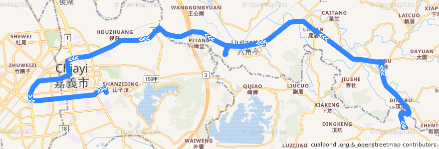 Mapa del recorrido 公路客運 7319H: 番路→嘉義(不繞駛黃心寮、繞駛灣橋分院, 返程) de la línea  en 嘉義縣.