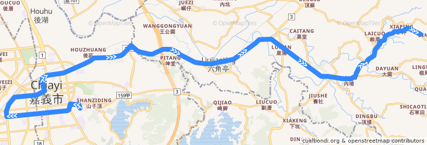 Mapa del recorrido 嘉義縣 101: 嘉義→塘興村(往程) de la línea  en Chiayi County.