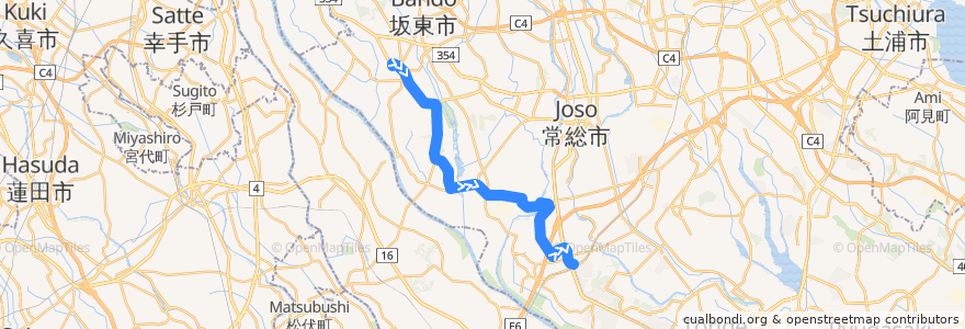 Mapa del recorrido 関東鉄道バス (急行)岩井バスターミナル⇒自然博物館入口⇒守谷駅西口 de la línea  en 茨城県.
