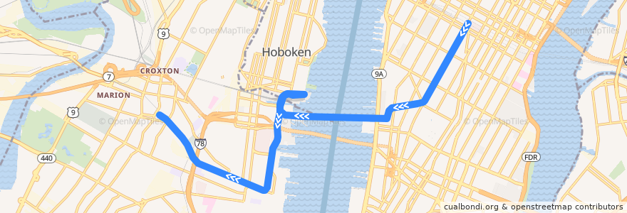 Mapa del recorrido PATH: 33rd Street → Hoboken → Journal Square de la línea  en Stati Uniti d'America.