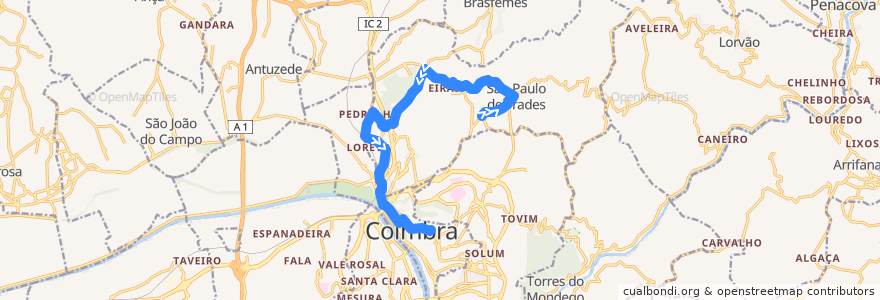 Mapa del recorrido 30F: Lordemão => São Paulo de Frades => Manutenção de la línea  en قلمرية.