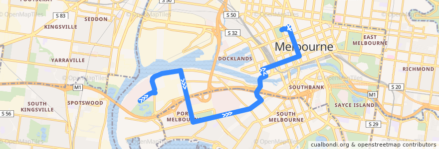 Mapa del recorrido Bus 235: Fishermans Bend => Williamstown Road => City (Queen Victoria Market) de la línea  en Melbourne.