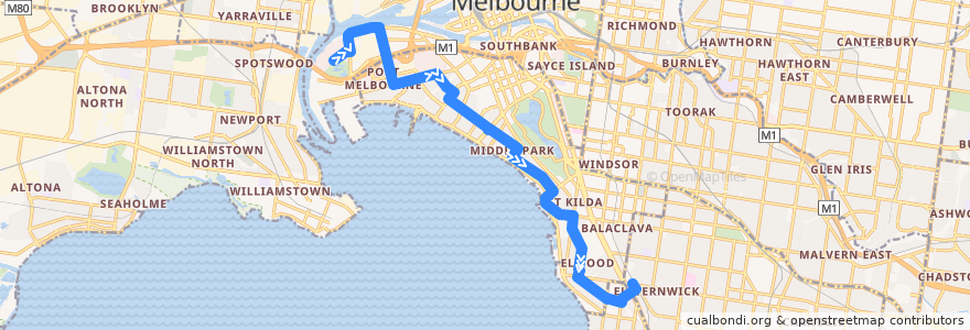 Mapa del recorrido Bus 606: Fishermans Bend => Elsternwick Station de la línea  en Melbourne.