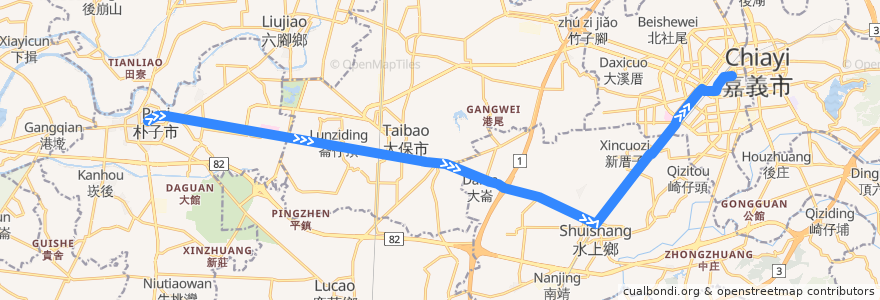 Mapa del recorrido 公路客運 7205: 朴子→嘉義(返程) de la línea  en Цзяи.