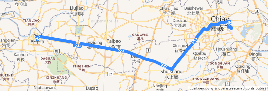 Mapa del recorrido 公路客運 7324: 朴子→嘉義(返程) de la línea  en Цзяи.