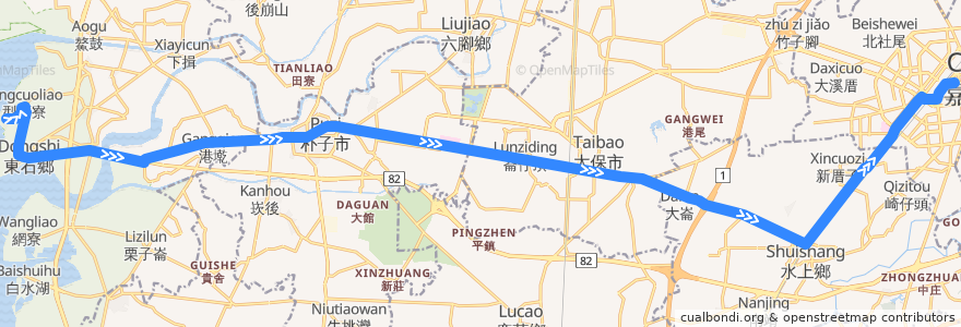 Mapa del recorrido 公路客運 7206: 塭港→嘉義(返程) de la línea  en Comté de Chiayi.