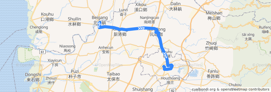 Mapa del recorrido 公路客運 7202A: 北港→嘉義(經民雄, 經嘉義市區, 返程) de la línea  en 嘉義縣.