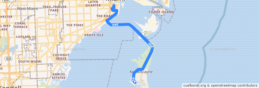 Mapa del recorrido MDT 102 (B): Key Biscayne => Brickell Station via Harbor de la línea  en マイアミ・デイド郡.