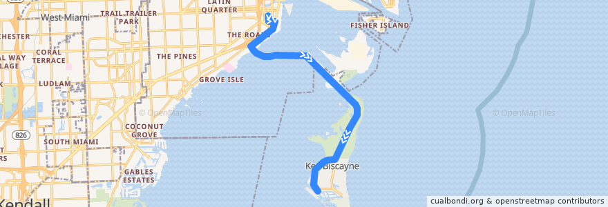 Mapa del recorrido MDT 102 (B): Brickell Station => Key Biscayne via Harbor de la línea  en Comté de Miami-Dade.