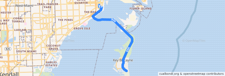 Mapa del recorrido MDT 102 (B): Brickell Station => Key Biscayne via Crandon de la línea  en مقاطعة ميامي داد.