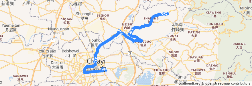 Mapa del recorrido 公路客運 7305: 嘉義→檳榔宅(往程) de la línea  en مقاطعة شياي.