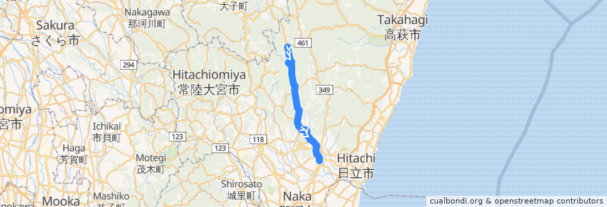 Mapa del recorrido 茨城交通バス水府29系統 馬次入口⇒竜神大吊橋・水府支所⇒常陸太田駅・太田営業所 de la línea  en Hitachiota.