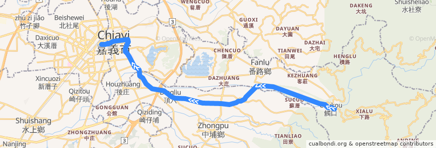 Mapa del recorrido 公路客運 7216A: 觸口→嘉義(經嘉義市學區, 返程) de la línea  en 嘉義縣.