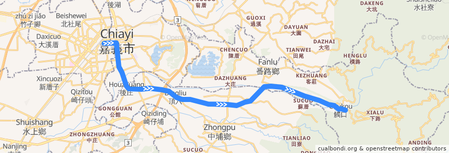 Mapa del recorrido 公路客運 7216: 嘉義→觸口(往程) de la línea  en Цзяи.