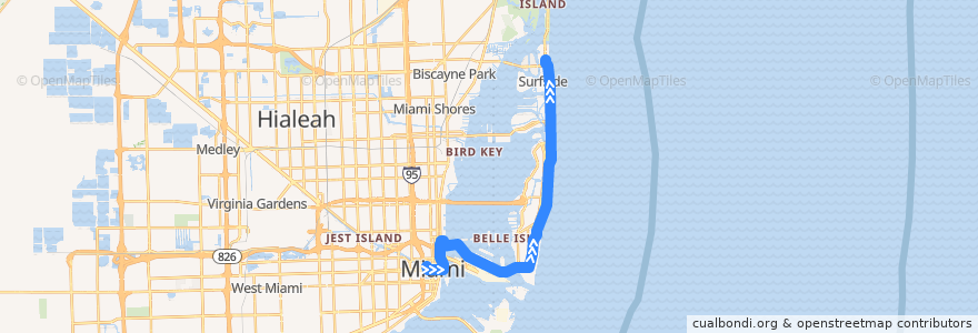 Mapa del recorrido MDT 120: Downtown Miami => Haulover Park de la línea  en マイアミ・デイド郡.