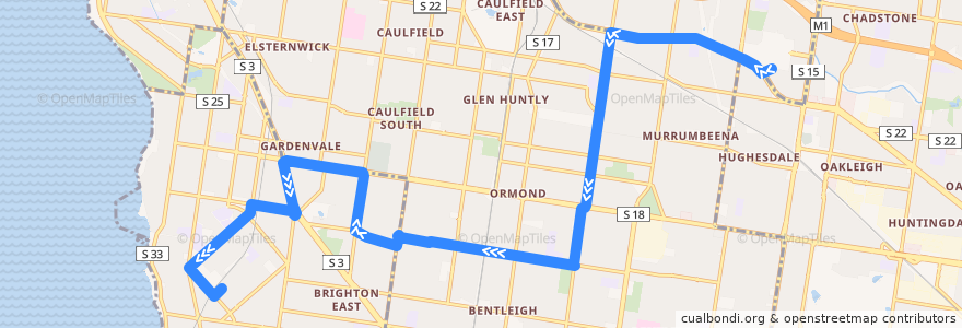 Mapa del recorrido Bus 626: Chadstone => Carnegie & McKinnon => Middle Brighton de la línea  en ملبورن.