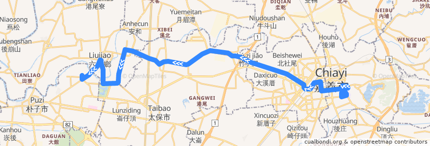 Mapa del recorrido 公路客運 7320B: 嘉義→雙溪口(繞駛嘉義高工, 往程) de la línea  en 嘉義縣.
