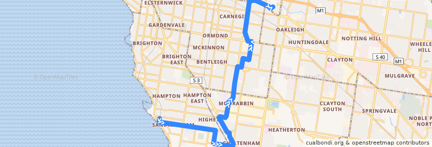 Mapa del recorrido Bus 822: Sandringham => Southland SC & Murrumbeena => Chadstone SC de la línea  en Melbourne.