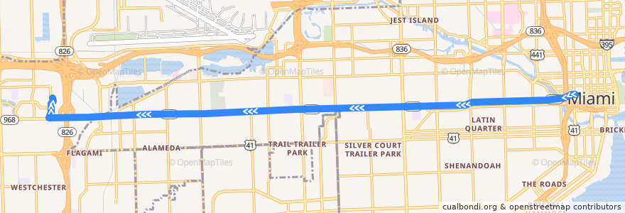 Mapa del recorrido MDT 11: Downtown Miami => Mall of Americas de la línea  en Contea di Miami-Dade.
