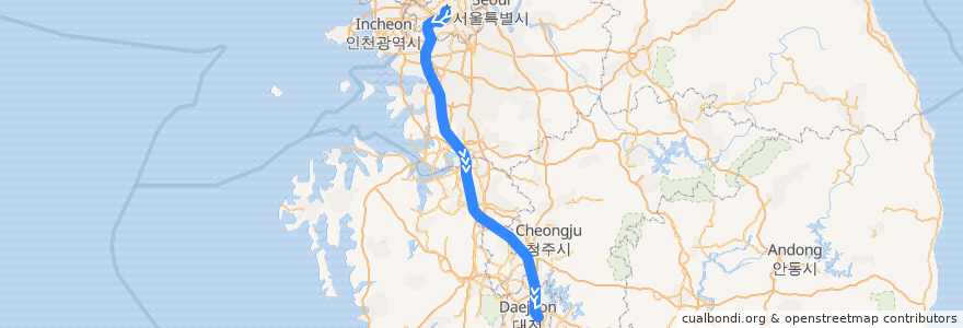 Mapa del recorrido KTX 경부고속선·경부선: 서울역 → 대전역 de la línea  en 대한민국.