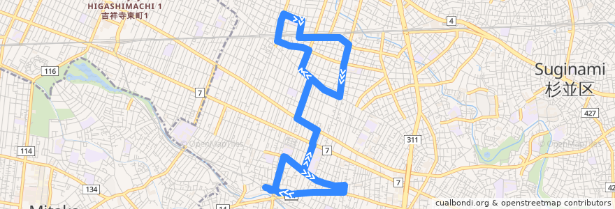 Mapa del recorrido かえで路線 de la línea  en Сугинами.