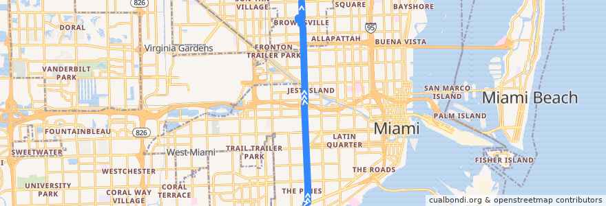 Mapa del recorrido MDT 27: Coconut Grove => Calder de la línea  en Miami-Dade County.