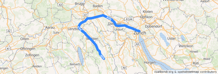 Mapa del recorrido S42: Muri AG => Zürich HB de la línea  en سويسرا.