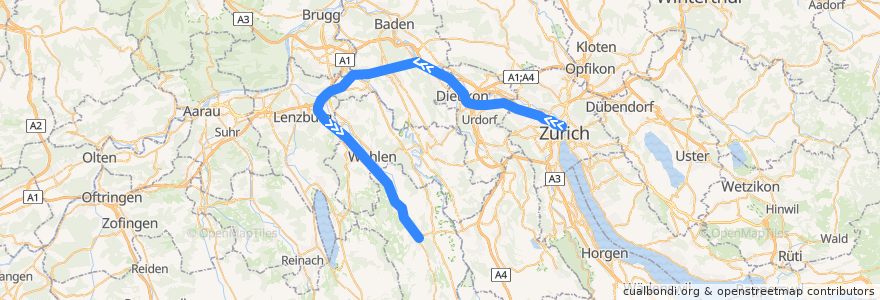 Mapa del recorrido S42: Zürich HB => Muri AG de la línea  en Switzerland.