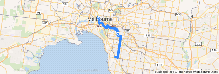 Mapa del recorrido Bus 605: City (Queen Street) => Kooyong Road => Gardenvale de la línea  en ملبورن.