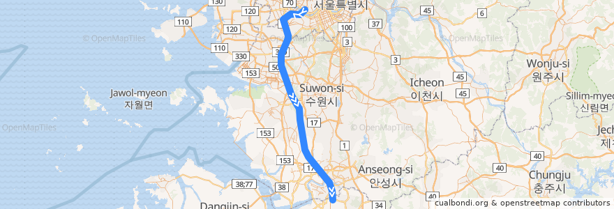 Mapa del recorrido KTX 경부고속선·호남선·전라선: 용산역 → 여수엑스포역 de la línea  en 대한민국.