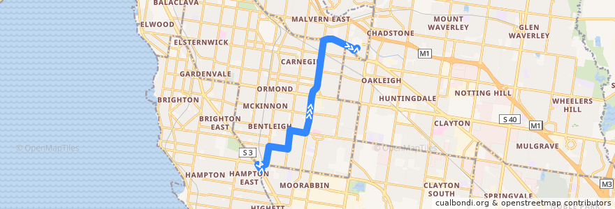 Mapa del recorrido Bus 627: Moorabbin Station => Bentleigh => Chadstone Shopping Centre de la línea  en Melbourne.