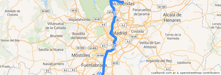 Mapa del recorrido C-4a. Parla → Sol → Alcobendas - S.S. de los Reyes de la línea  en Comunidad de Madrid.