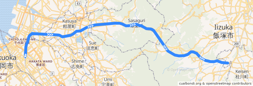 Mapa del recorrido JR篠栗線 de la línea  en Fukuoka Prefecture.