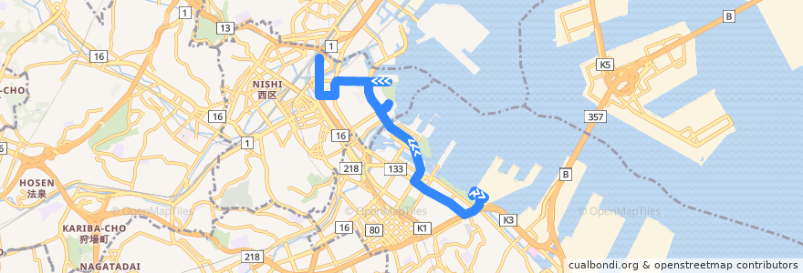 Mapa del recorrido YOKOHAMA BAYSIDE BLUE 山下ふ頭 => 横浜駅改札口前 de la línea  en 横浜市.