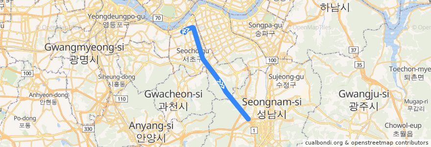 Mapa del recorrido 서울 → 광주 고속버스 de la línea  en South Korea.
