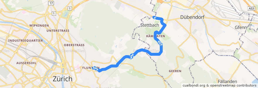 Mapa del recorrido Bus 751: Zürich, Kirche Fluntern → Zürich, Bahnhof Stettbach de la línea  en チューリッヒ.