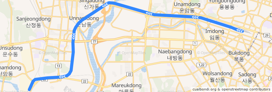 Mapa del recorrido 광주선 셔틀열차: 광주 → 광주송정 de la línea  en 광주광역시.