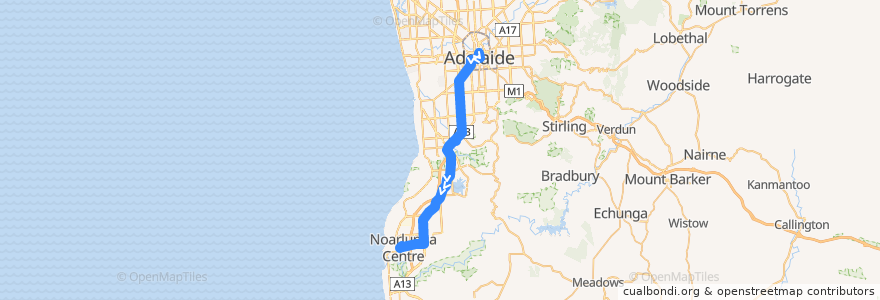 Mapa del recorrido Bus 721 - Noarlunga Centre Interchange to City via Old Reynella de la línea  en Adelaide.