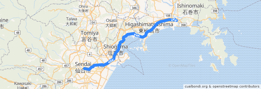 Mapa del recorrido JR仙石線 de la línea  en Miyagi Prefecture.