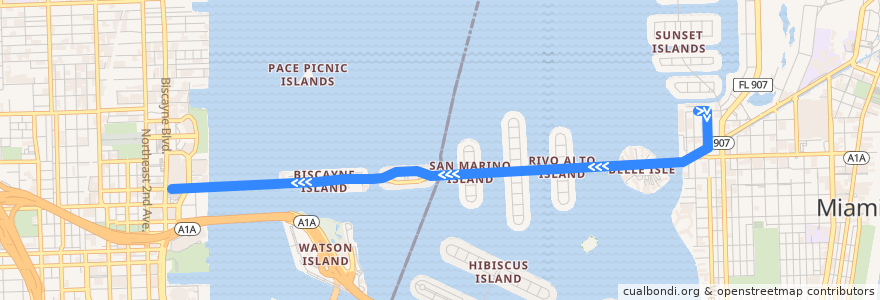 Mapa del recorrido MDT 101 (A): Sunset Harbor => Omni Terminal de la línea  en Condado de Miami-Dade.