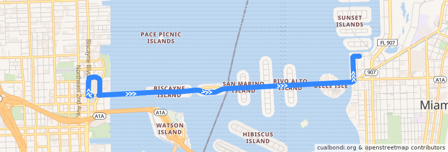 Mapa del recorrido MDT 101 (A): Omni Terminal => Sunset Harbor de la línea  en 迈阿密-戴德县/邁亞美戴德縣/邁阿密-戴德郡.