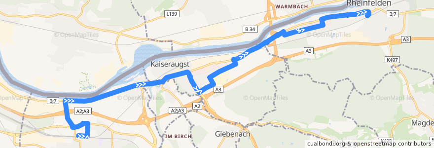 Mapa del recorrido Bus 84: Pratteln, Bahnhof Nord => Rheinfelden, Bahnhof de la línea  en Suisse.