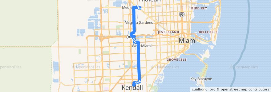 Mapa del recorrido MDT 73: Miami Gardens Drive => Dadeland South de la línea  en Comté de Miami-Dade.
