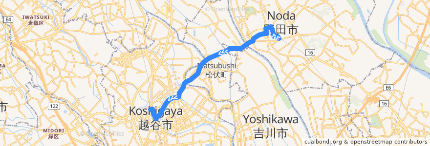 Mapa del recorrido 茨急バス 野田市駅⇒中野台・大沢四丁目⇒北越谷駅 de la línea  en 日本.