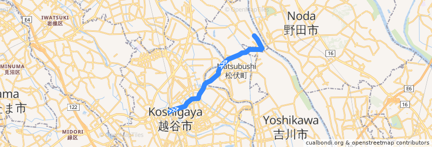 Mapa del recorrido 茨急バス 北越谷駅⇒赤岩入口⇒大正大学入口 de la línea  en 埼玉県.