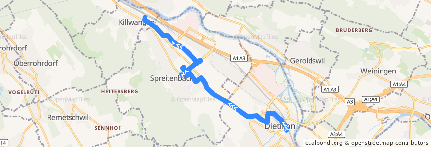 Mapa del recorrido Bus 303: Dietikon, Bahnhof → Killwangen, Bahnhof de la línea  en スイス.