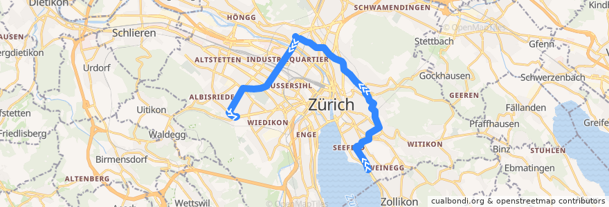 Mapa del recorrido Bus 33: Zürich, Bahnhof Tiefenbrunnen → Triemli de la línea  en Zürich.