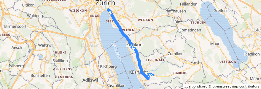 Mapa del recorrido Bus 916: Küsnacht ZH, Allmend → Zürich, Bellevue de la línea  en Zurique.
