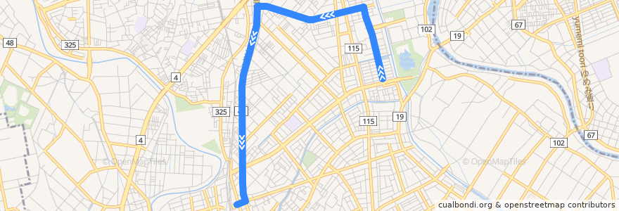 Mapa del recorrido 朝日バスKK22系統 弥栄一丁目⇒大里⇒北越谷駅 de la línea  en Koshigaya.