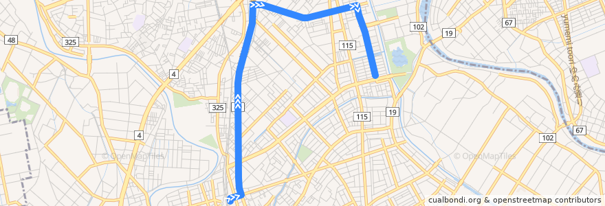 Mapa del recorrido 朝日バスKK22系統 北越谷駅⇒大里⇒弥栄一丁目 de la línea  en 越谷市.